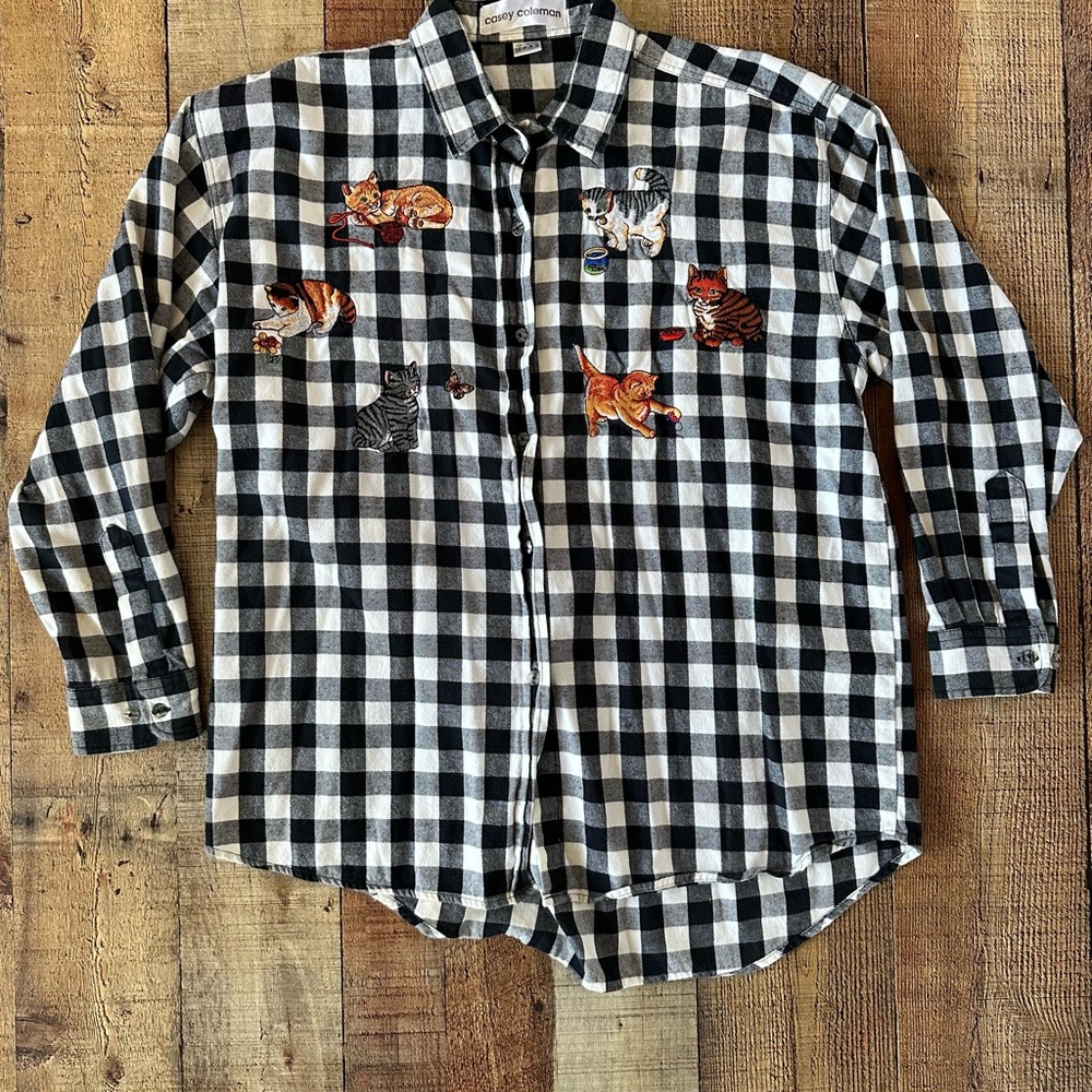Casey Coleman Black and White Plaid Shirt with embroidered cats